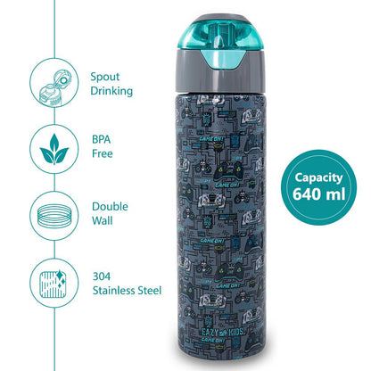 Eazy Kids - Insulated Stainless Steel Spray Water Bottle - Game On Grey - 640 ml