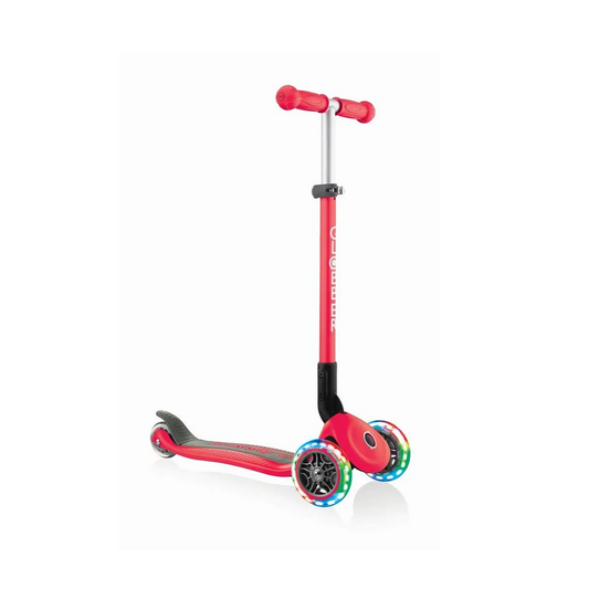 Globber - Primo Foldable Kids Scooter with LED Lights - Anti-Slip, Adjustable Height - Red