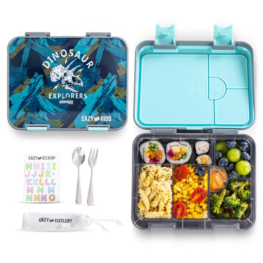 Eazy kids - 6 And 4 Convertible Bento Lunch Box With Steel Spoon Fork Set And Alphabets Sticker - T-Rex Grey