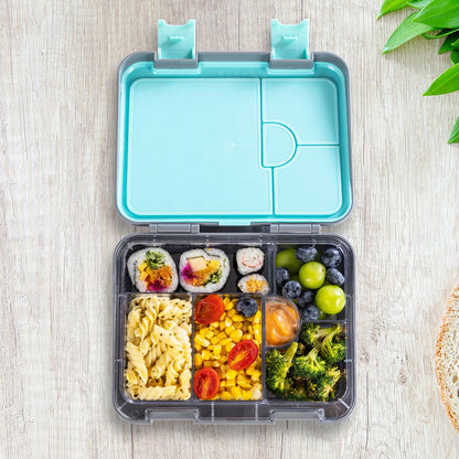 Eazy kids - 6 And 4 Convertible Bento Lunch Box With Steel Spoon Fork Set And Alphabets Sticker - T-Rex Grey