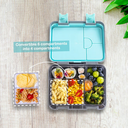 Eazy kids - 6 And 4 Convertible Bento Lunch Box With Steel Spoon Fork Set And Alphabets Sticker - T-Rex Grey