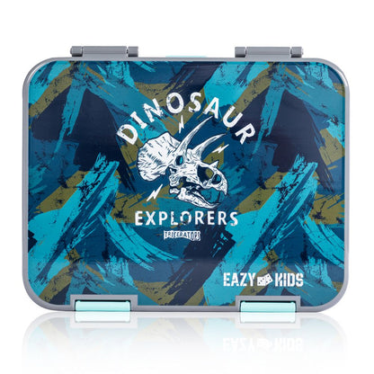 Eazy kids - 6 And 4 Convertible Bento Lunch Box With Steel Spoon Fork Set And Alphabets Sticker - T-Rex Grey