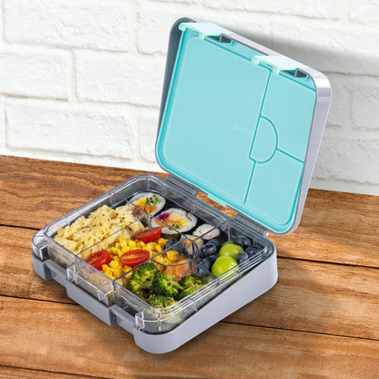 Eazy kids - 6 And 4 Convertible Bento Lunch Box With Steel Spoon Fork Set And Alphabets Sticker - T-Rex Grey