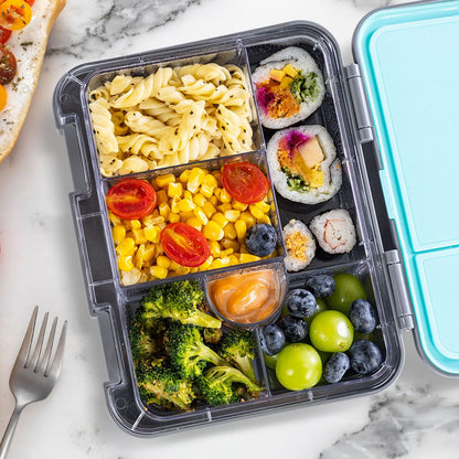 Eazy kids - 6 And 4 Convertible Bento Lunch Box With Steel Spoon Fork Set And Alphabets Sticker - T-Rex Grey
