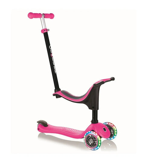 Globber - EVA 4-in-1 Lights Scooter - Multi-stage Deep Pink for Ages 15M-9Y, Transformable Design, Ergonomic Seat, Adjustable Handle