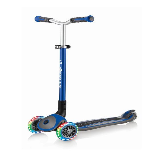 Globber - Master Lights Scooter for Kids 4-14 Years - Foldable, Adjustable, Antislip Deck, Light-Up Wheels - Navy Blue