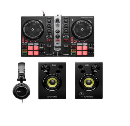 Hercules DJ Learning Kit w/ Inpulse 200 DJ Controller, 15 Watt Monitor Speakers and Sound-Isolating Headphones –2 Decks