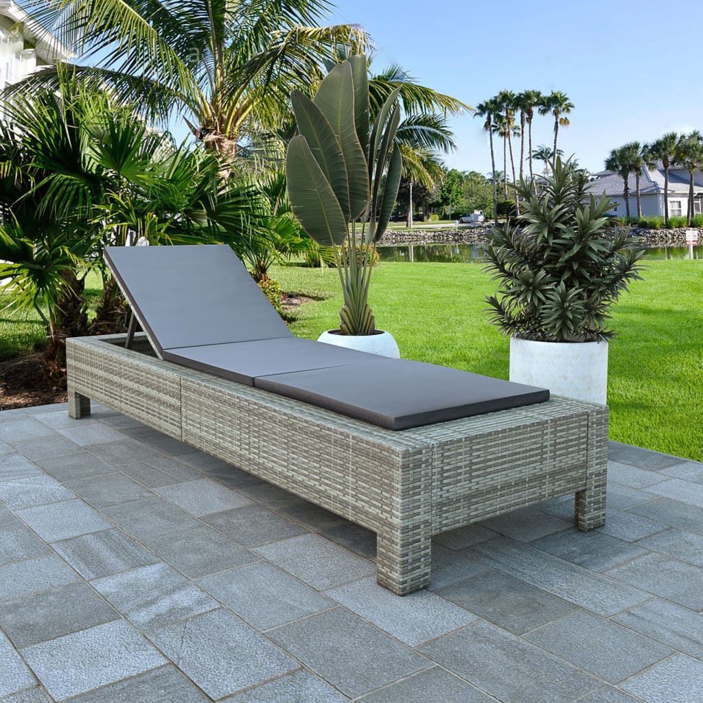 Sunbed with Cushion Grey Poly Rattan