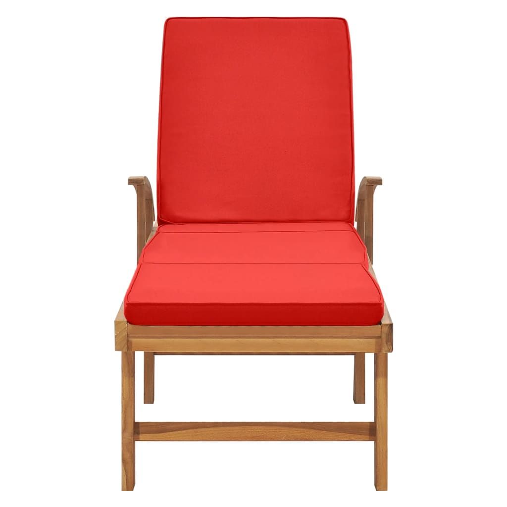 Sun Lounger with Cushion Solid Teak Wood Red