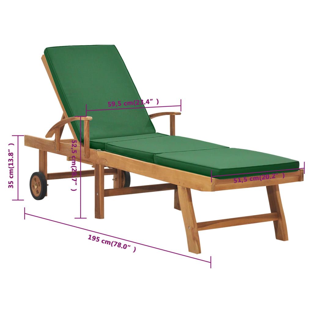 Sun Lounger with Cushion Solid Teak Wood Green