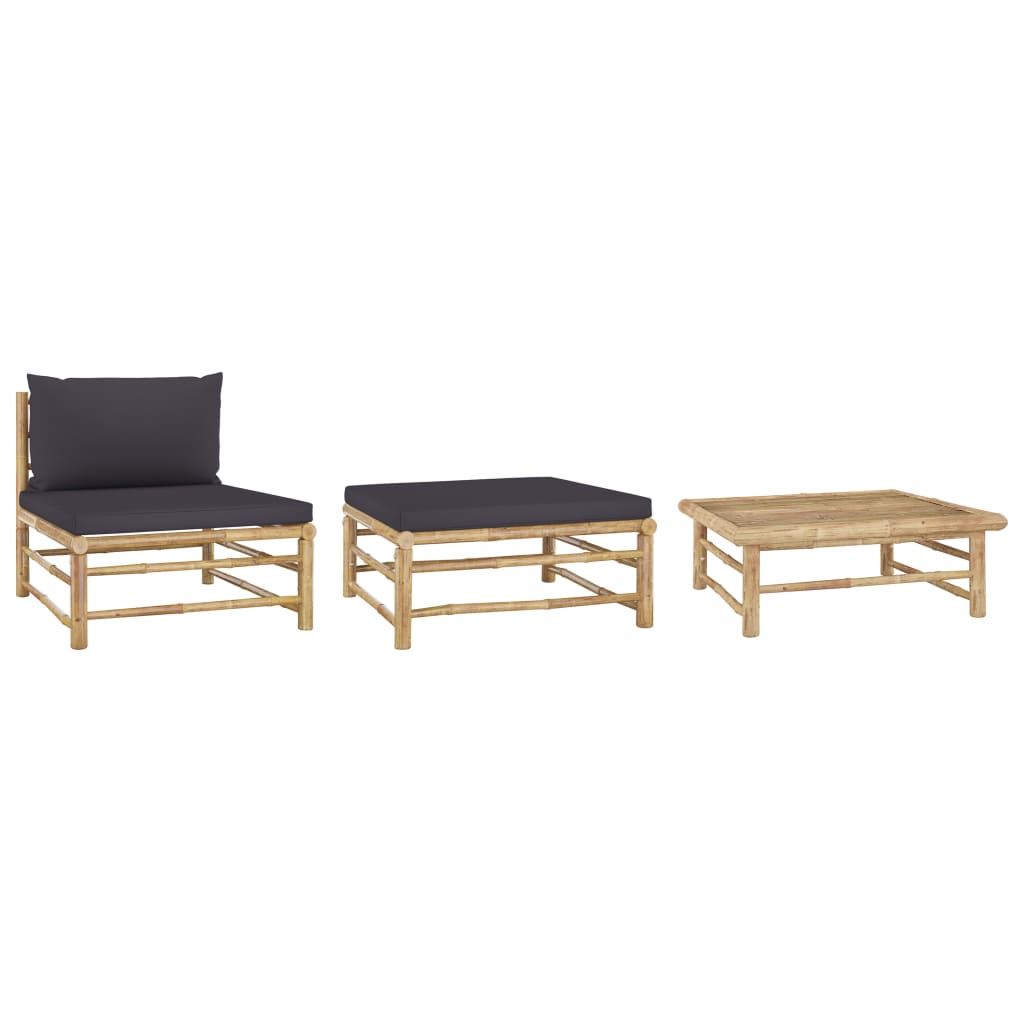 3 Piece Garden Lounge Set with Dark Grey Cushions Bamboo