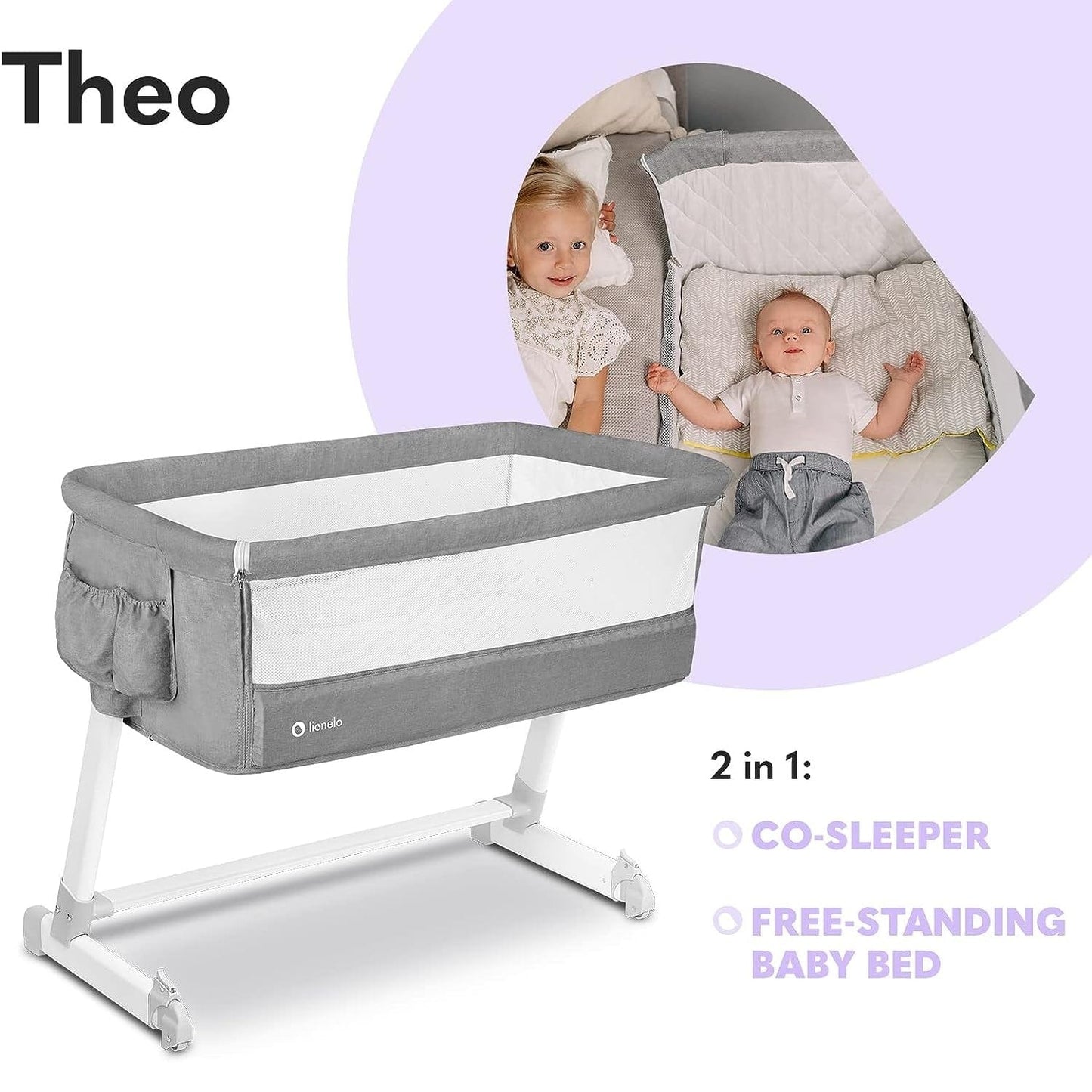 Lionelo Babies Lionelo Theo Adjustable Bedside Cot - Light Grey