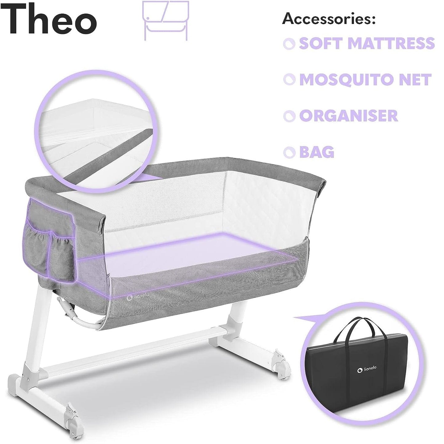 Lionelo Babies Lionelo Theo Adjustable Bedside Cot - Light Grey