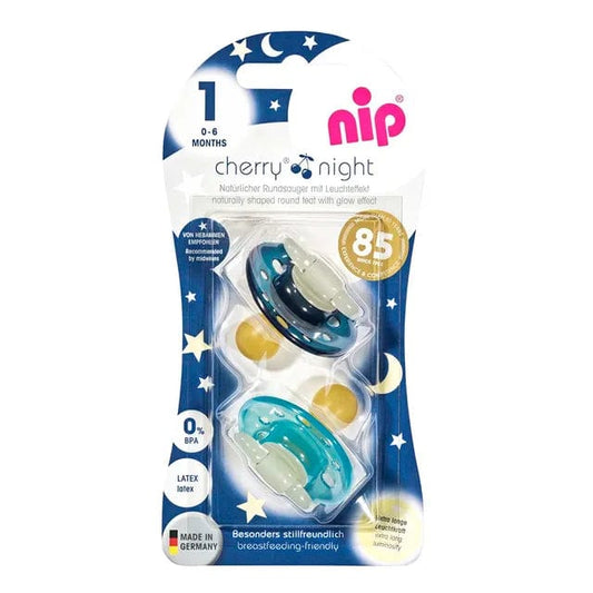 NIP baby accessories CHERRY NIGHT SOOTHER / LATEX    GREY & TURQUOISE   (GLOW IN THE DARK,  ROUND TEATS)