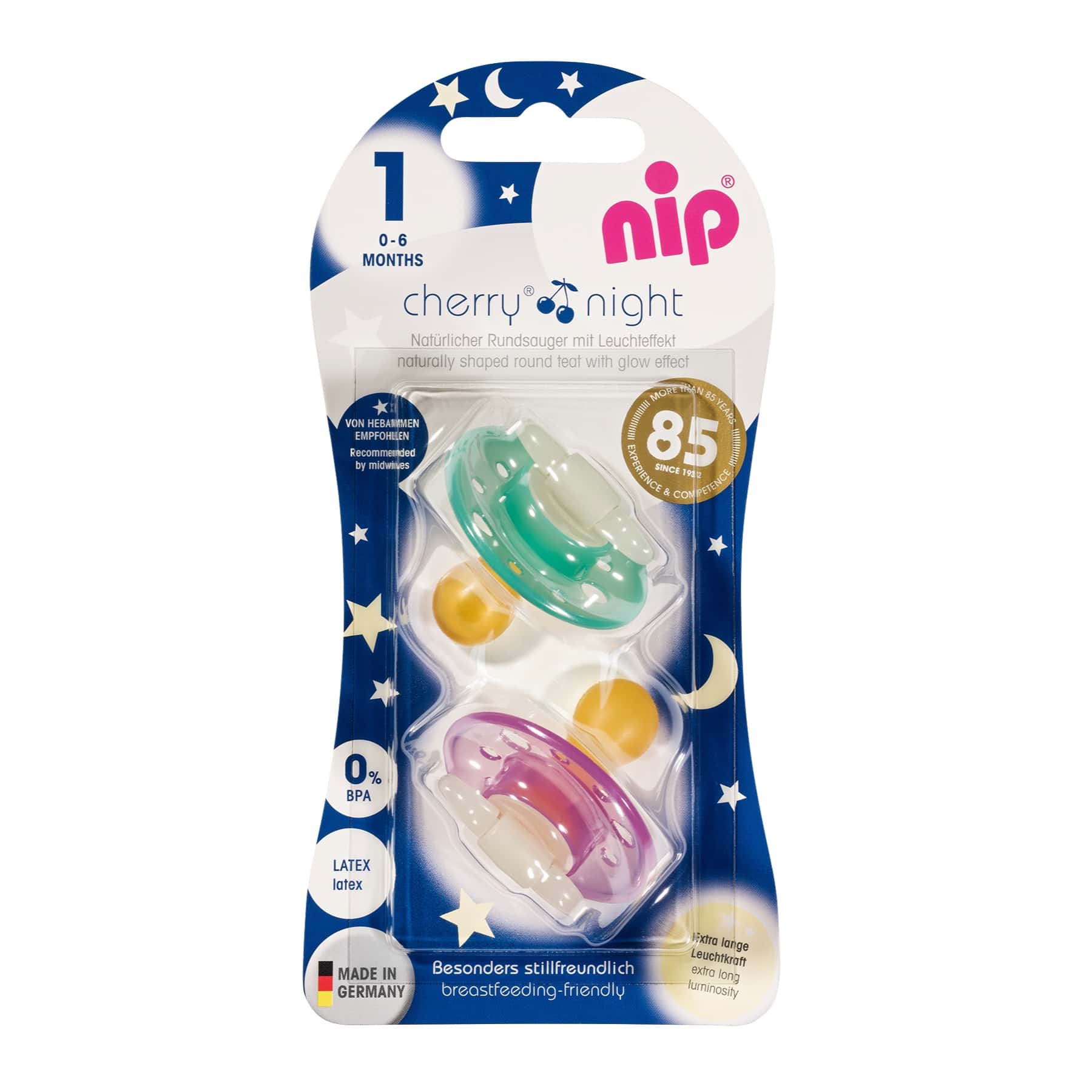 NIP baby accessories CHERRY NIGHT SOOTHER / LATEX    ROSE & GREEN   (GLOW IN THE DARK,  ROUND TEATS)"