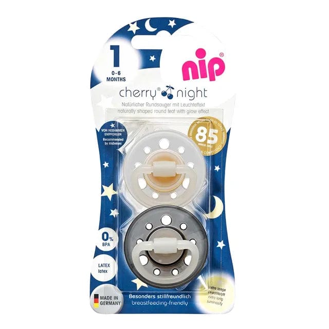 NIP baby accessories CHERRY NIGHT SOOTHER / LATEX    WHITE & BLACK   (GLOW IN THE DARK,  ROUND TEATS)