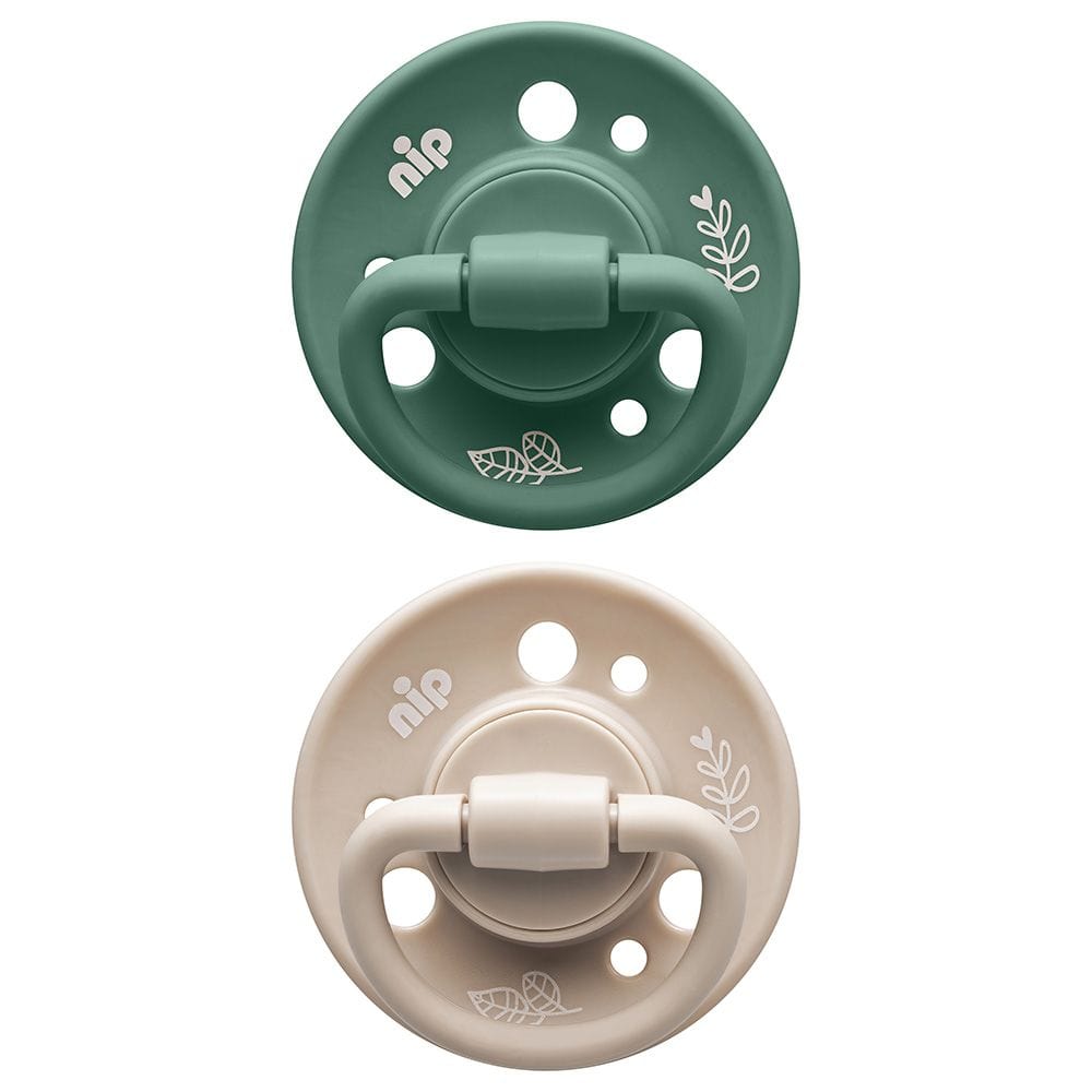 NIP baby accessories CHERRY SOOTHER / LATEX    BEIGE & DARK GREEN   (ECO-FRIENDLY, ROUND TEATS) 6M+