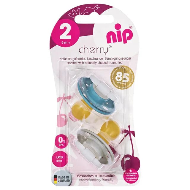 NIP baby accessories CHERRY SOOTHER LATEX    BLUE GREY & DARK BLUE   (ROUND TEATS)