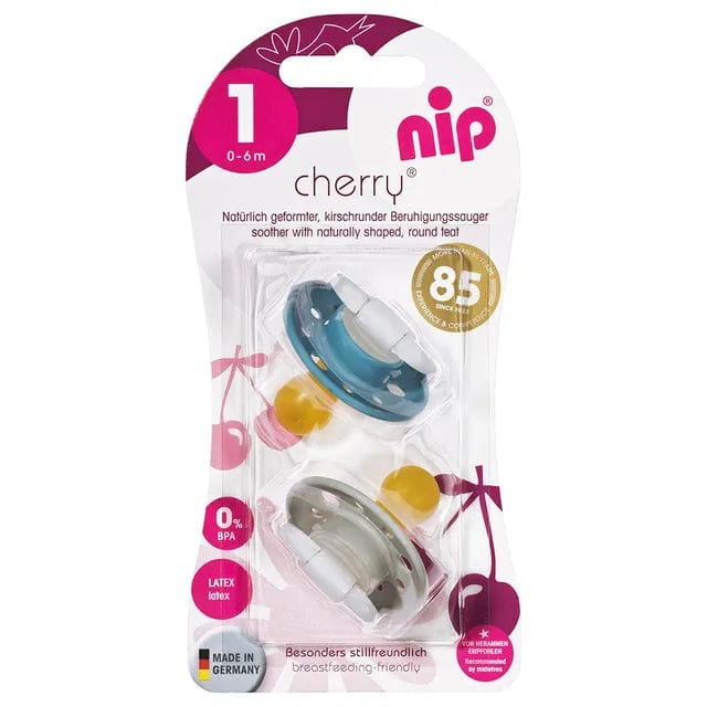 NIP baby accessories CHERRY SOOTHER LATEX    BLUE & GREY   (ROUND TEATS)