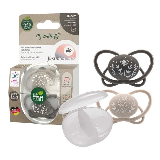 NIP baby accessories FIRST  MOMENTS SOOTHER  ""MY BUTTERFLY""  GREY & BLACK   (SYMMETRICAL TEATS) 0-6M