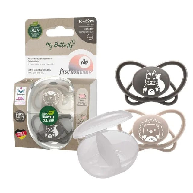 NIP baby accessories FIRST  MOMENTS SOOTHER  ""MY BUTTERFLY""  GREY & BLACK   (SYMMETRICAL TEATS)16-32M