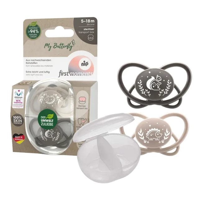 NIP baby accessories FIRST  MOMENTS SOOTHER  ""MY BUTTERFLY""  GREY & BLACK   (SYMMETRICAL TEATS) 5-18M