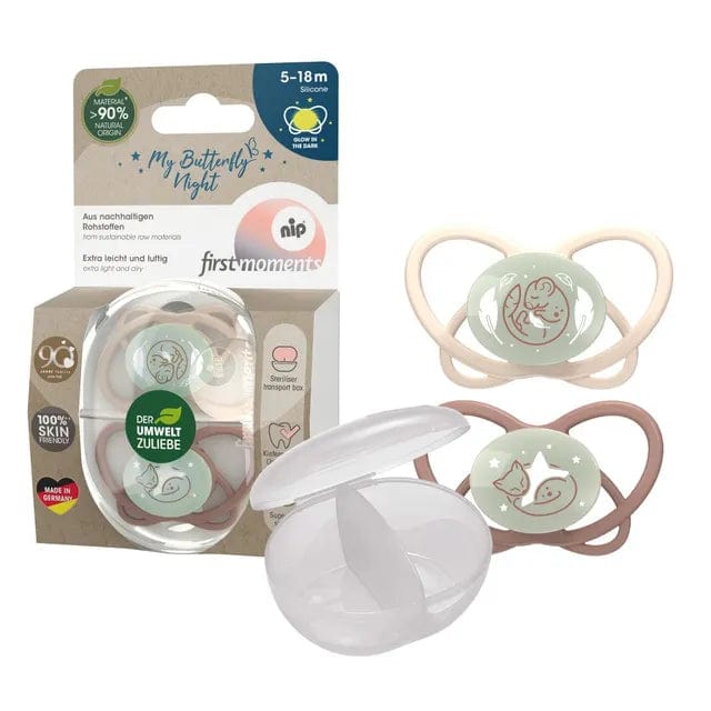 NIP baby accessories FIRST  MOMENTS SOOTHER  ""MY BUTTERFLY""  LIGHT BROWN & BROWN  (GLOW IN THE DARK, SYMMETRICAL TEATS)  5-18M