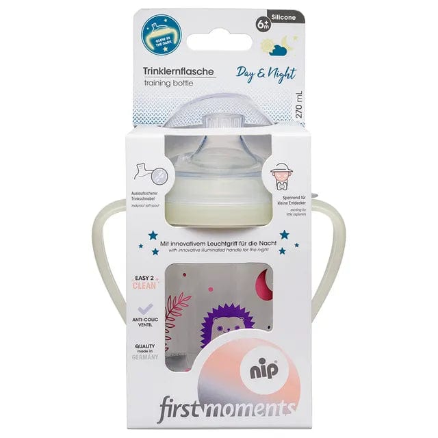 NIP Baby accessories FIRST MOMENTS TRAINING BOTTLE   GLOW IN THE DARK  HEDGEHOG   (SOFT SPOUT - WIDE LIP PAD) 270ML