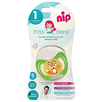 NIP baby accessories "MISS DENTI  SOOTHERS / SILICONE  GREEN FOX   (ANATOMICAL TEATS WITH WINGS)"