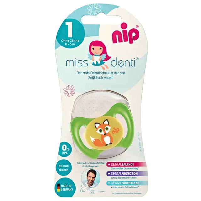 NIP baby accessories "MISS DENTI  SOOTHERS / SILICONE  GREEN FOX   (ANATOMICAL TEATS WITH WINGS)"