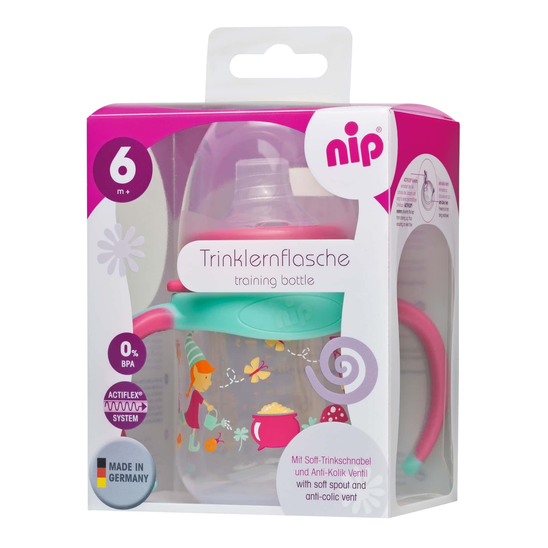 NIP Baby accessories WIDE-NECK TRANING BOTTLE   ELVES PINK   (SOFT SPOUT) 150ML