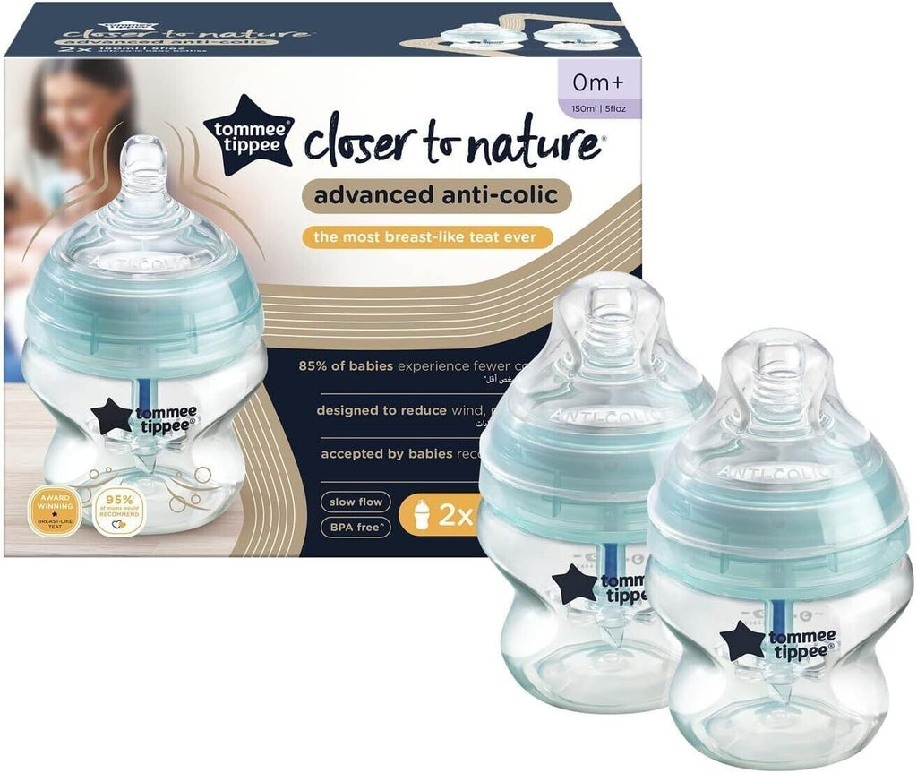 Tommee Tippee - Advanced Anti-Colic Feeding Bottle, Slow Flow, 150ml x2 - Blue