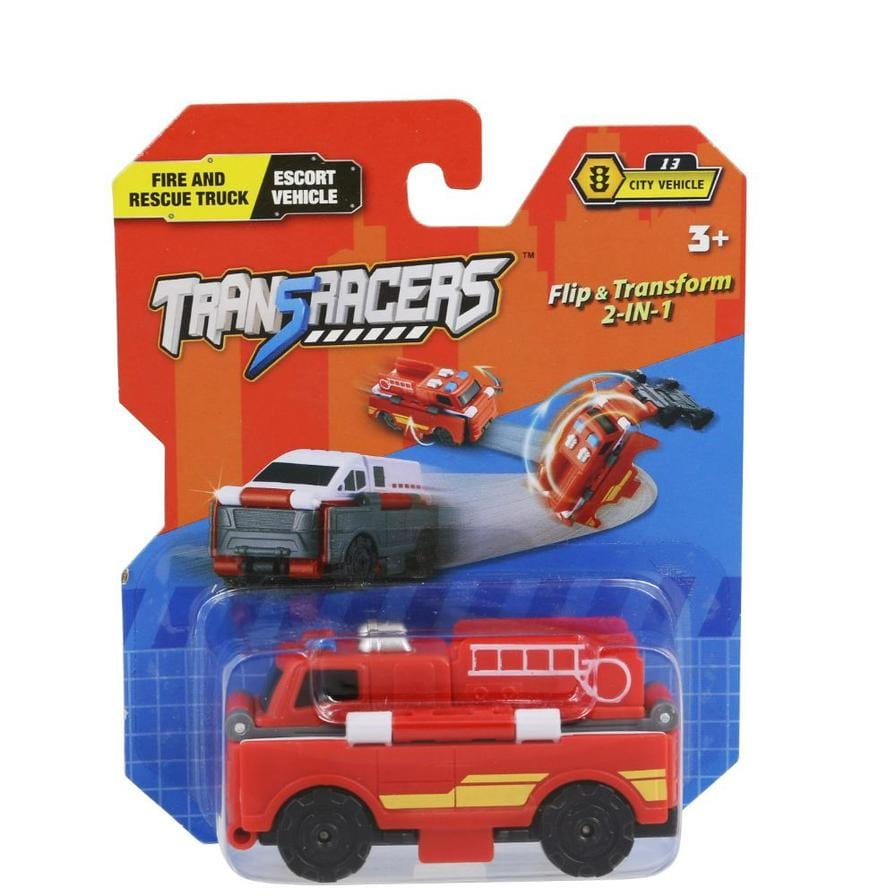 Transracers Car Toys 2-In-1 Flip Vehicle - Fire Engine Car To Transport Vhcl