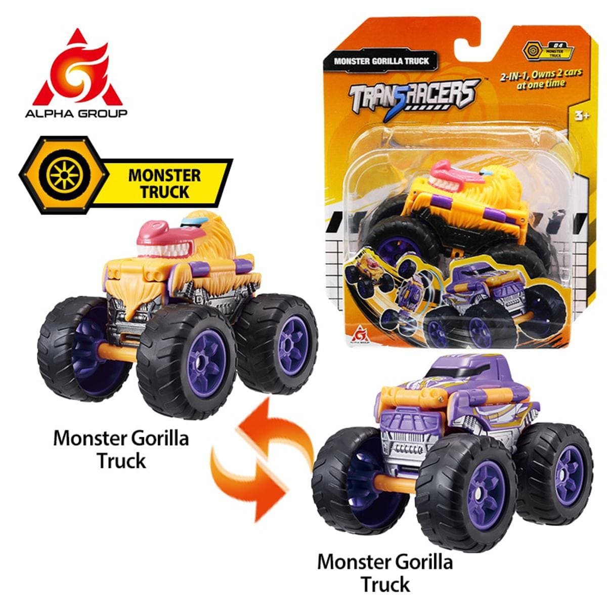 Transracers Car Toys 2-In-1 Flip Vehicle - Monster Gorilla Truck