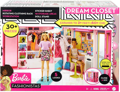 Barbie Toys Barbie Dream Closet with 30+ Pieces, Toy Closet, Features 10+ Storage Areas, Full-Length Mirror, Includes 5 Outfits, Gift for Kids 3 to 7 Years Old, Pink