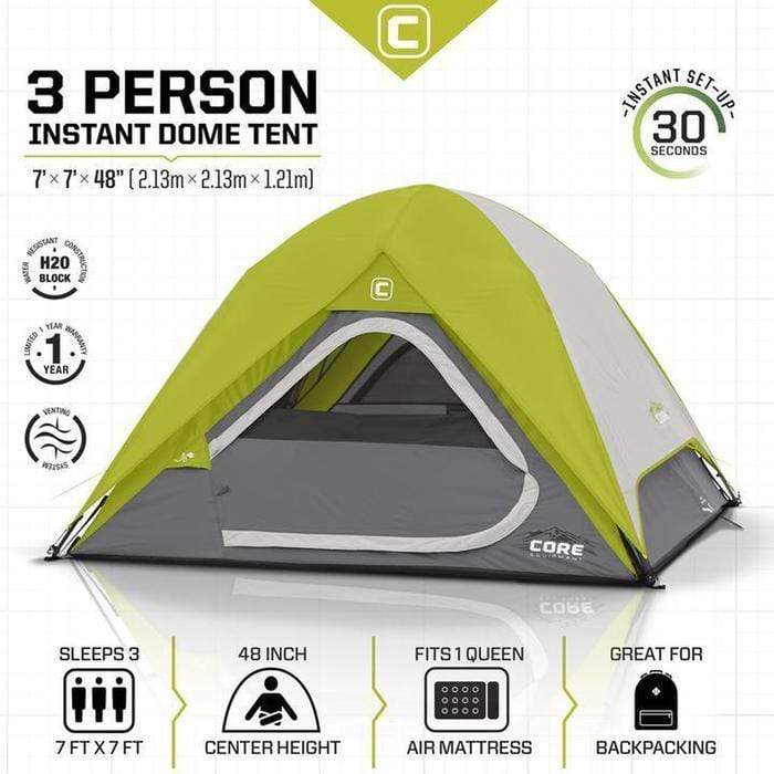 Core Equipment Outdoor CORE EQUIPMENT 4 Person Instant Dome Tent - Grey/Green | 4 Person Capacity | Durable 68D Polyester