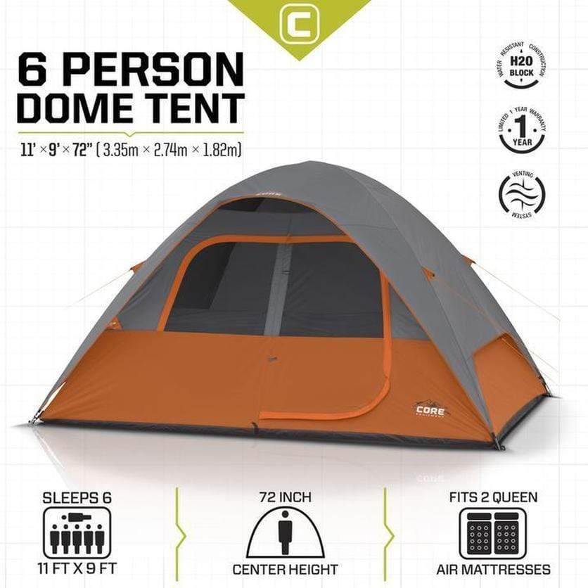 Core Equipment Outdoor CORE EQUIPMENT 6 Person Dome Tent - Grey/Orange | 6 Person Capacity | Durable 68D Polyester