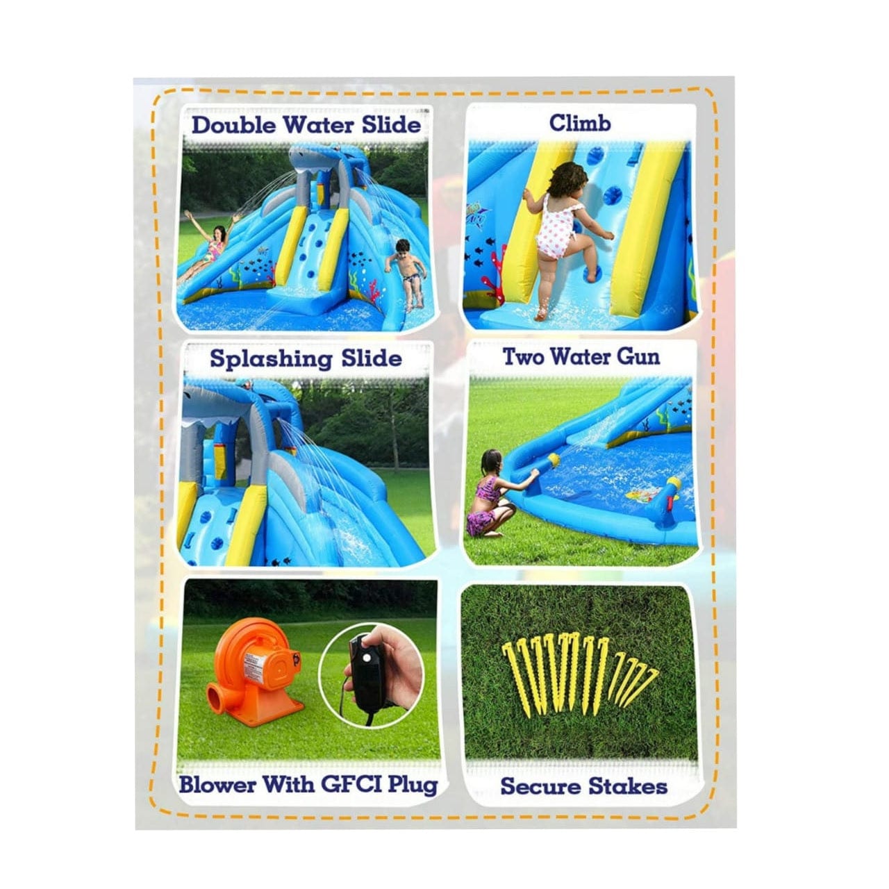 Generic Outdoor Air Flow Play & Splash Centre Inflatable Waterslide Shark with Double Slides