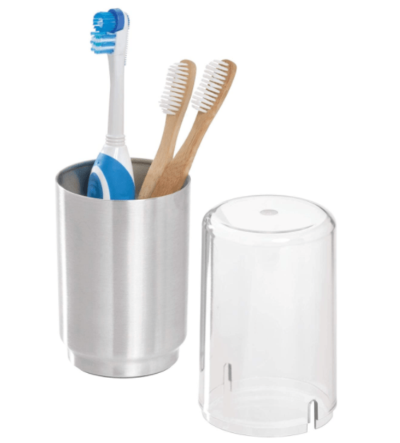 InterDesign Home & Kitchen InterDesign Austin Case, Metal and Plastic Stand with Cover, Regular and Electric Toothbrush Holder, Clear Frost