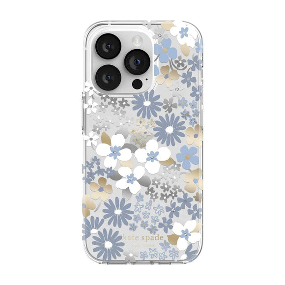 Kate Spade Electronics Kate Spade New York Protective Hardshell Case For IPhone 14 Pro - Flower Fields/Dusty Blue/Silver Foil/Gold Foil/Gems