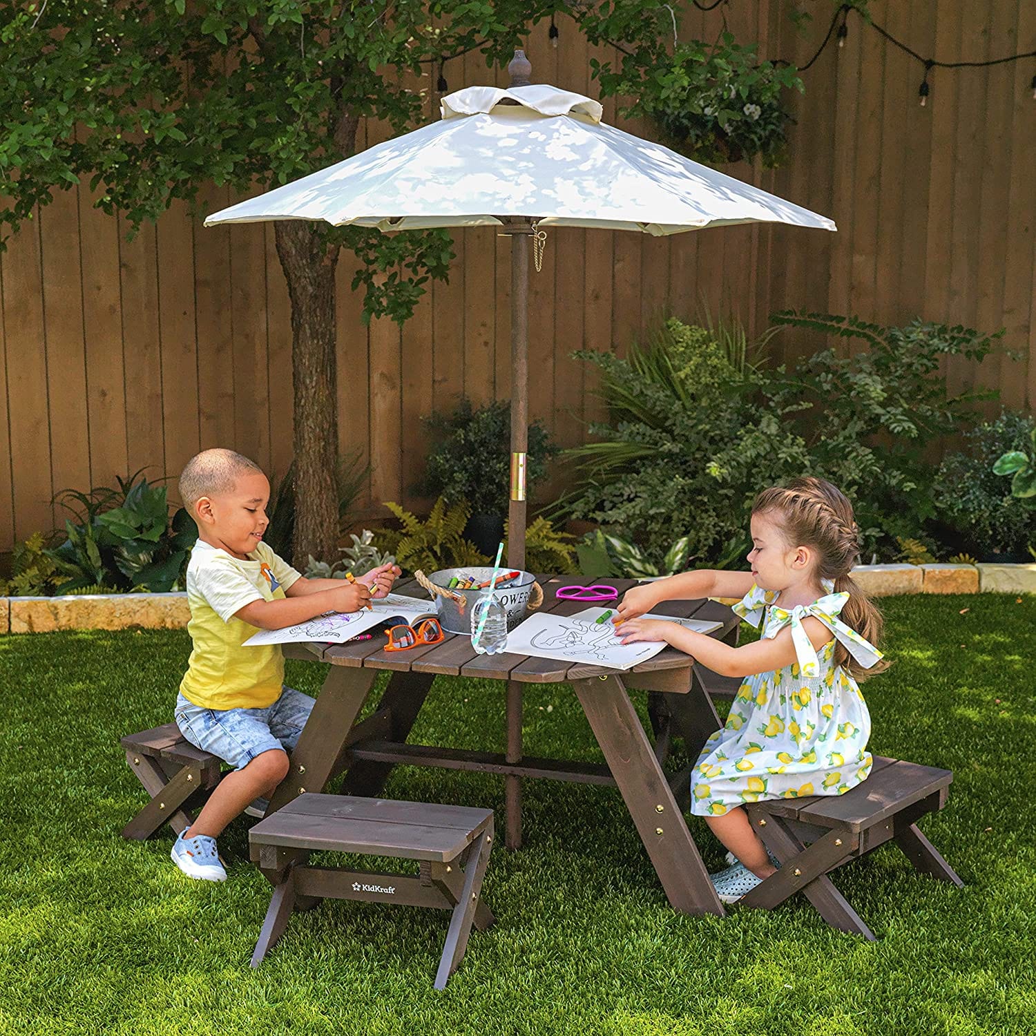 KidKraft Home & Kitchen KidKraft Wooden Octagon Table, Stools & Umbrella Set