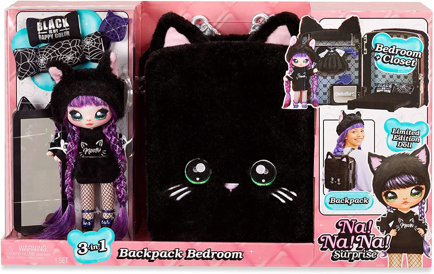 Na Na Toys Na Na Na Surprise 3-in-1 Backpack Bedroom Black Kitty Playset with Limited Edition Tuesday Meow Doll