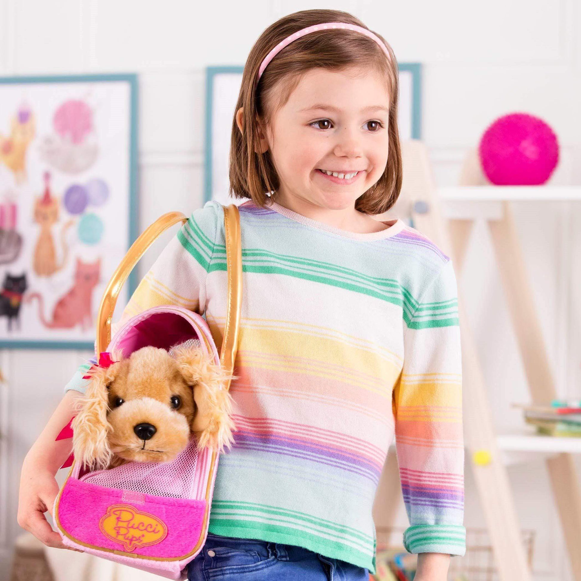 Pucci Pups Toys Pucci Pups Gold & Pink Heart Print Glam Bag W/Cocker Spaniel